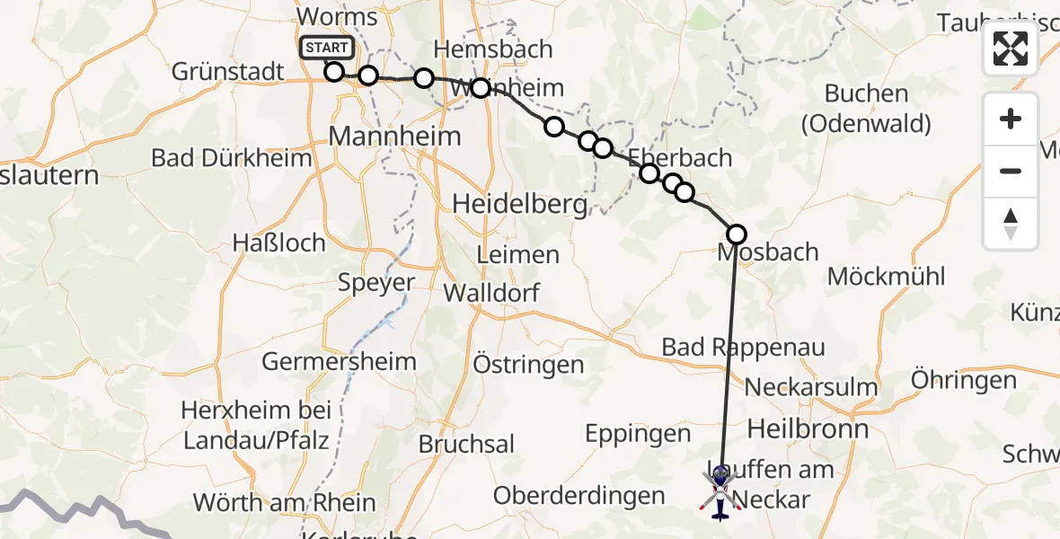 Flugroute Polizeihubschrauber Bobenheim-Roxheim - Brackenheim, 24 September 2026, 08:46