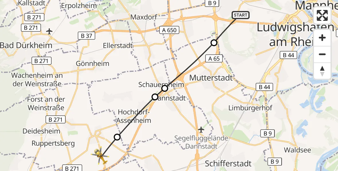 Flugroute Rettungshubschrauber Ludwigshafen am Rhein - Meckenheim, 24 September 2026, 08:47
