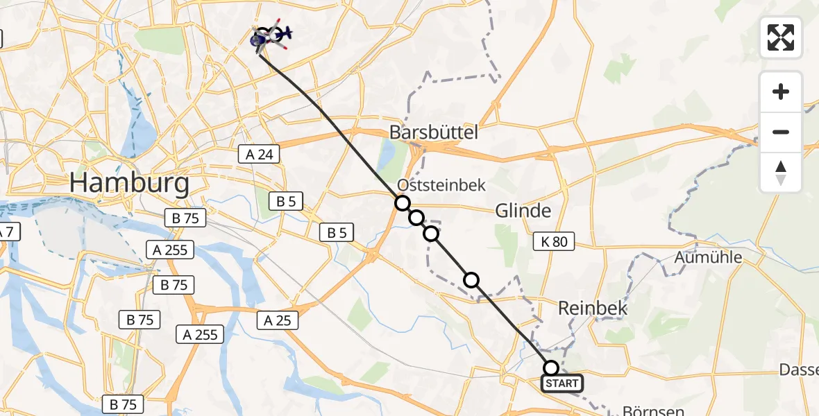 Flugroute Polizeihubschrauber Bethesda Hospital - Hamburg Military Hospital, 24 September 2026, 08:59