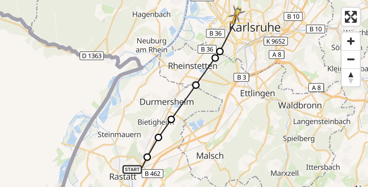 Flugroute Ambulanzhubschrauber Rastatt - Karlsruhe, 24 September 2026, 09:00