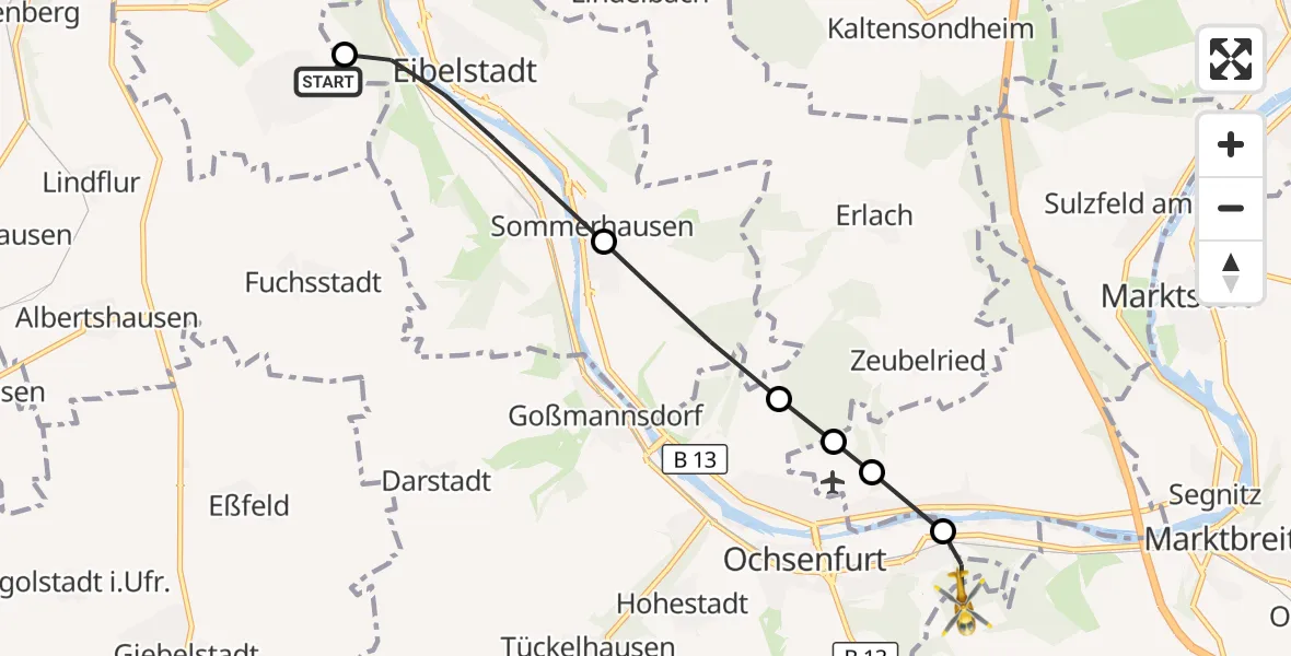 Flugroute Rettungshubschrauber Würzburg - Marktbreit, 24 September 2026, 09:02