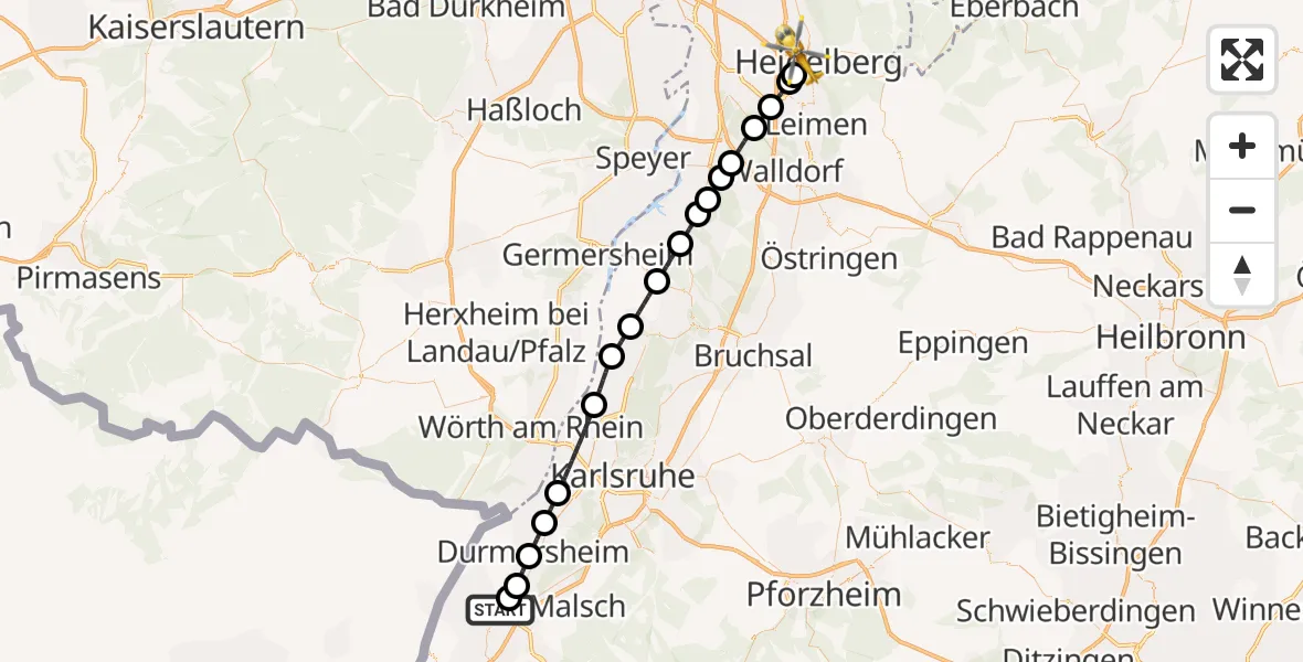 Flugroute Rettungshubschrauber Rastatt - Heidelberg, 24 September 2026, 09:03