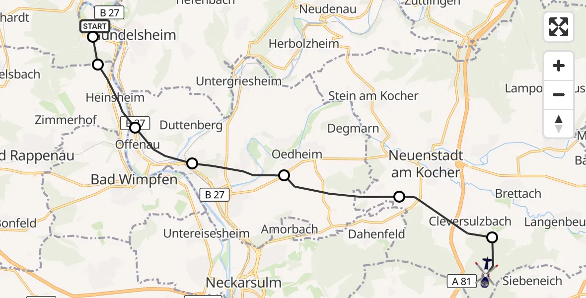 Flugroute Polizeihubschrauber Gundelsheim - Langenbrettach, 24 September 2026, 09:05