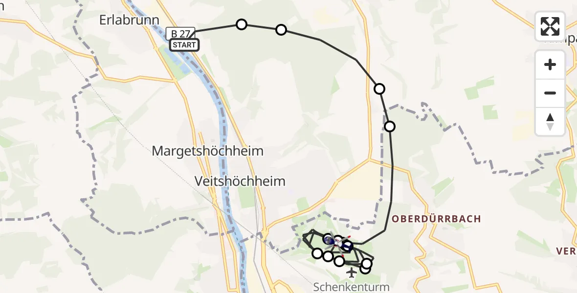 Flugroute Polizeihubschrauber Thüngersheim - Würzburg-Schenkenturm Flugplatz, 24 September 2026, 09:08