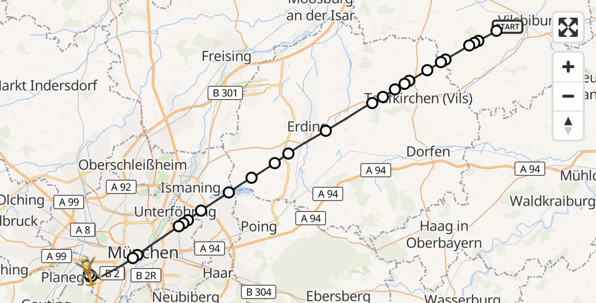 Flugroute Rettungshubschrauber Vilsbiburg - DRF Air Rescue München Hubschrauberlandeplatz, 24 September 2026, 09:09