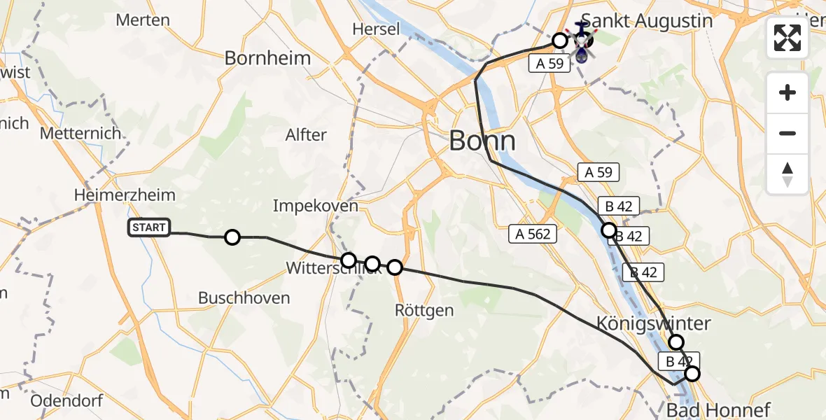 Flugroute Polizeihubschrauber Swisttal - Sankt Augustin, 24 September 2026, 09:13