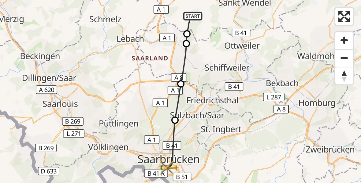Flugroute Rettungshubschrauber Marpingen - Saarbrücken, 24 September 2026, 09:13