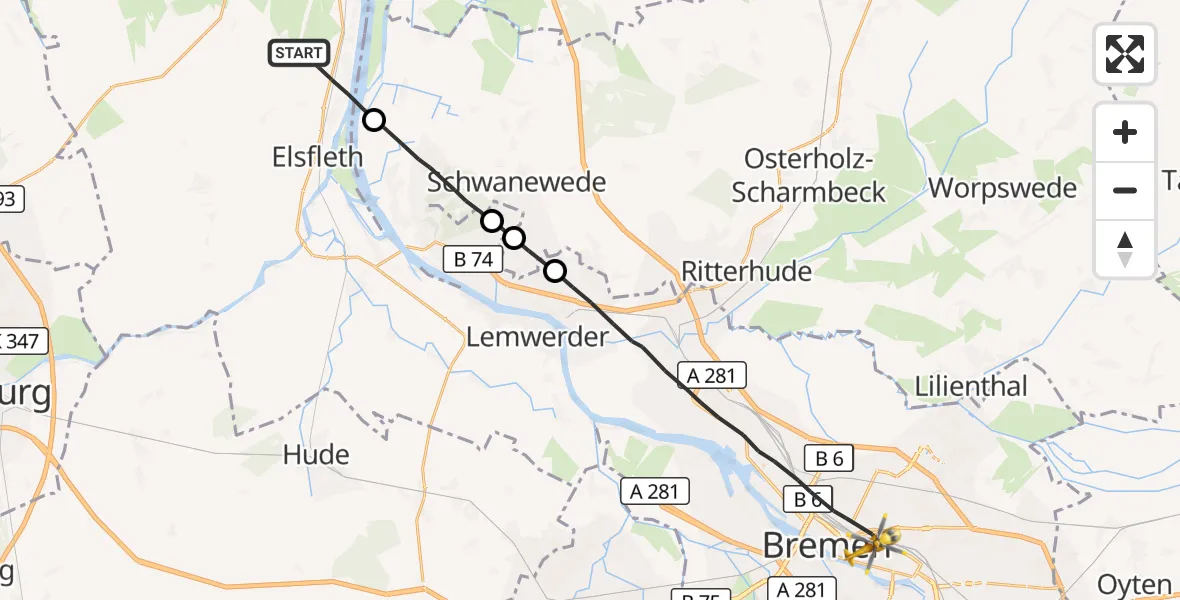 Flugroute Rettungshubschrauber Elsfleth - Bremen, 24 September 2026, 09:18