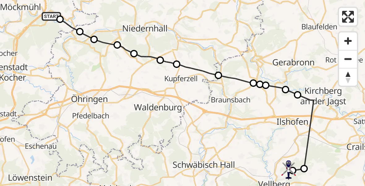Flugroute Polizeihubschrauber Widdern - Vellberg, 24 September 2026, 09:20