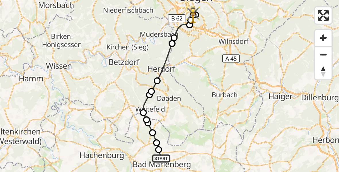 Flugroute Rettungshubschrauber Bad Marienberg (Westerwald) - Evangelisches Jung-Stilling Hospital, 24 September 2026, 09:24