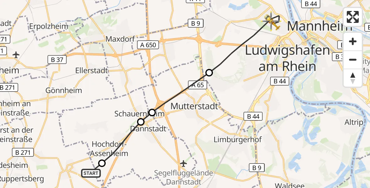 Flugroute Rettungshubschrauber Meckenheim - Ludwigshafen am Rhein, 24 September 2026, 09:37