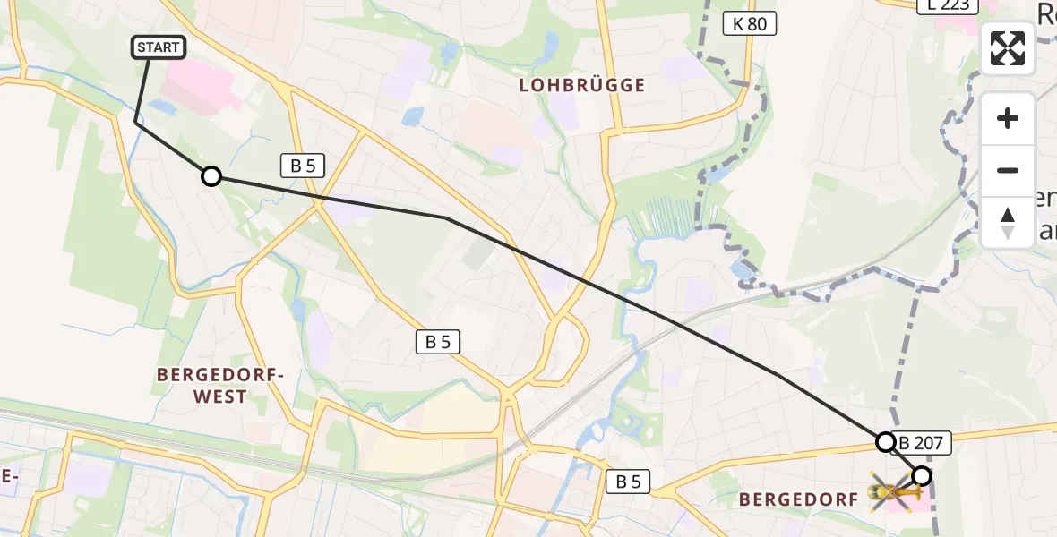 Flugroute Rettungshubschrauber Christoph Hansa ADAC Hubschrauberlandeplatz - Bethesda Hospital, 24 September 2026, 09:56