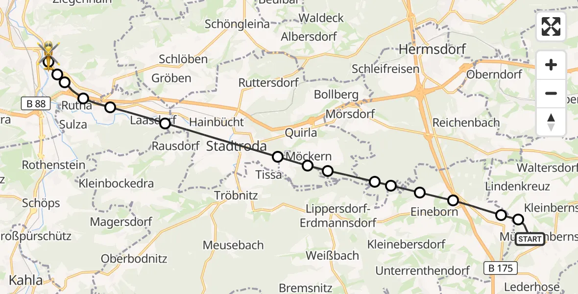 Flugroute Ambulanzhubschrauber Münchenbernsdorf - Lobeda Hubschrauberlandeplatz, 24 September 2026, 10:03