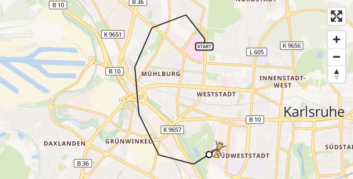 Flugroute Ambulanzhubschrauber Karlsruhe - Sankt Vincentius Hospital, 24 September 2026, 10:06