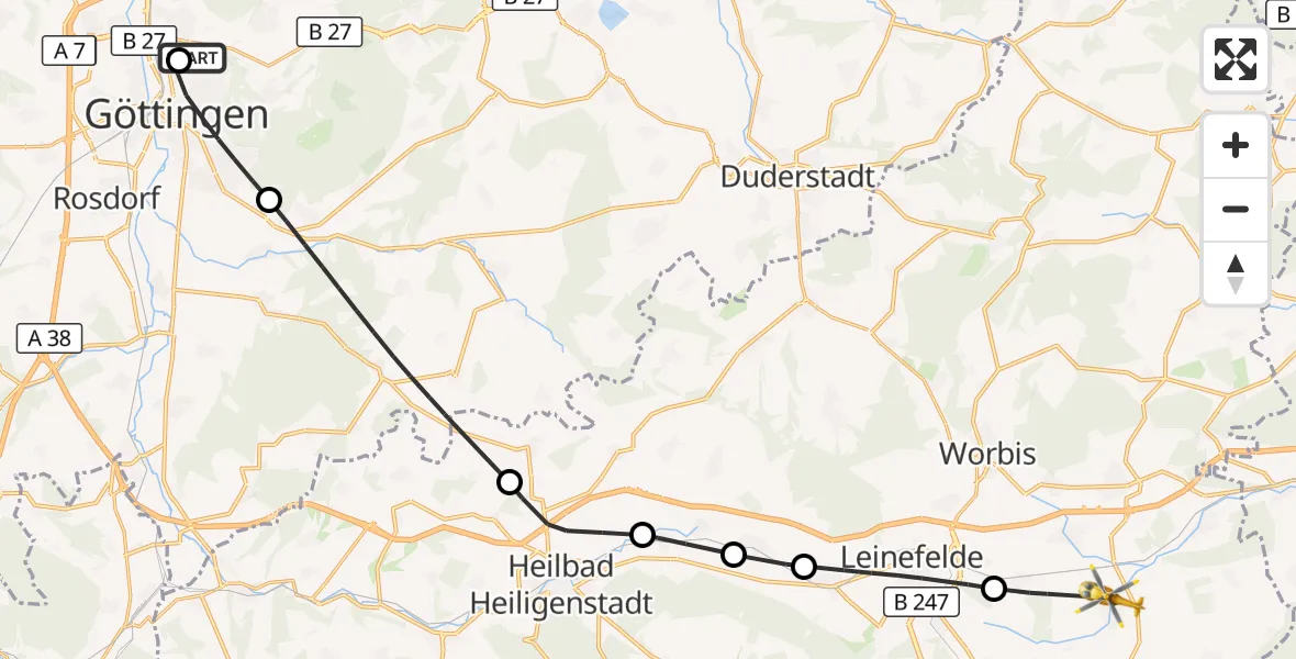 Flugroute Rettungshubschrauber Göttingen University Clinic Hubschrauberlandeplatz - Niederorschel, 24 September 2026, 10:06