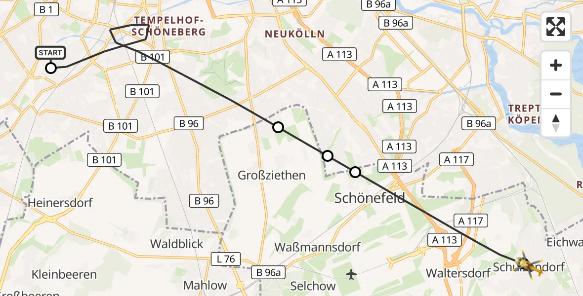 Flugroute Rettungshubschrauber Charité Clinic Benjamin Franklin Campus - Schulzendorf, 24 September 2026, 10:15