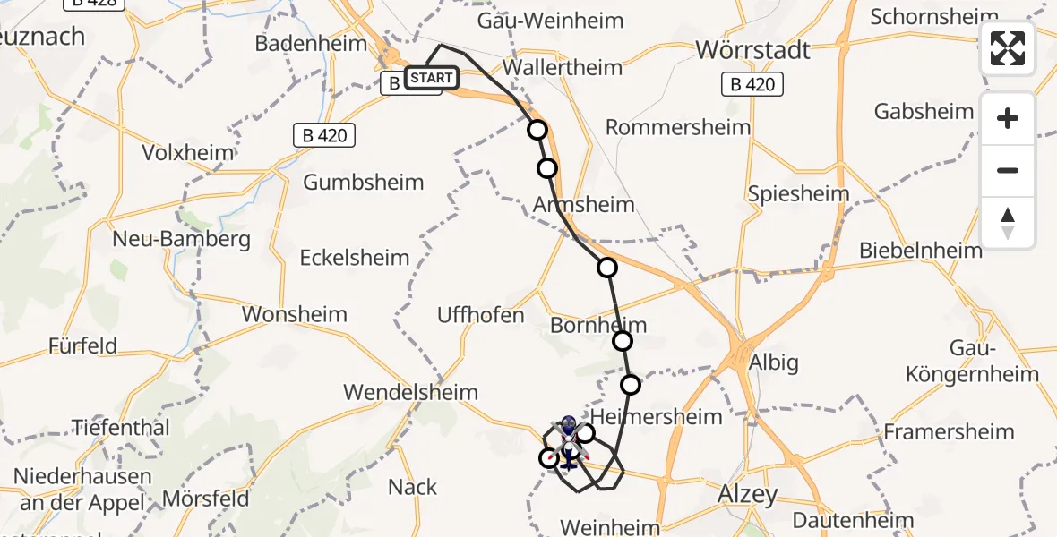 Flugroute Polizeihubschrauber Gau-Bickelheim - Erbes-Büdesheim, 24 September 2026, 10:17