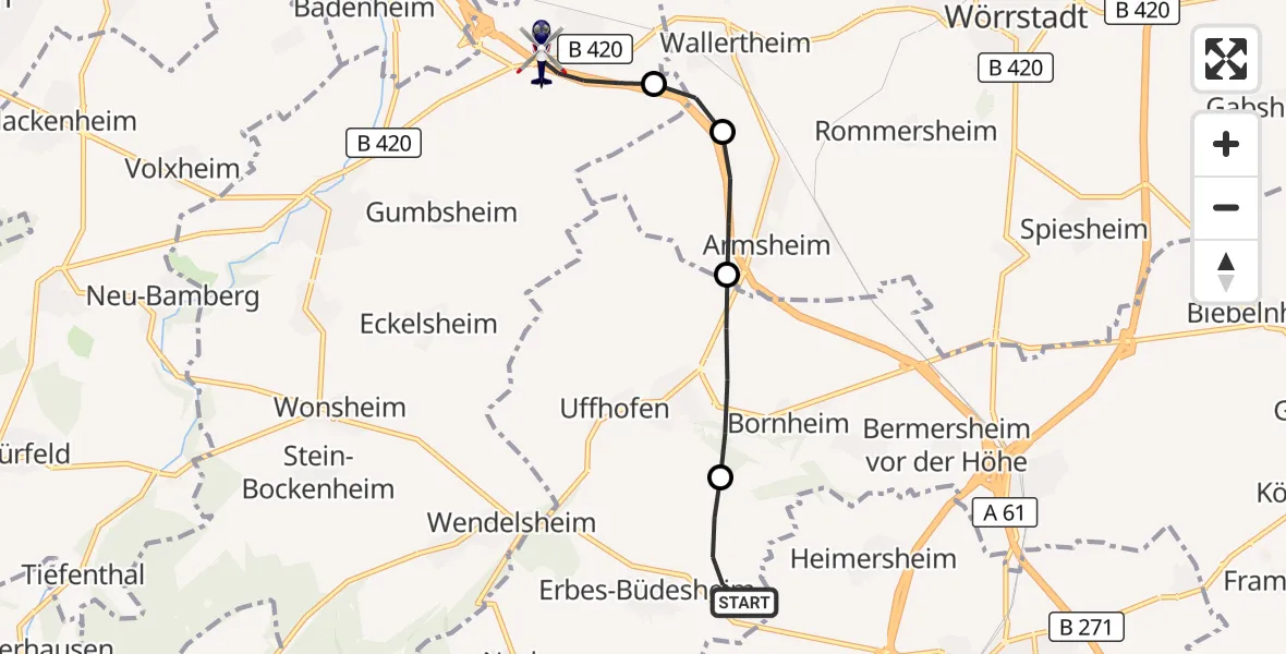 Flugroute Polizeihubschrauber Erbes-Büdesheim - Gau-Bickelheim, 24 September 2026, 10:28
