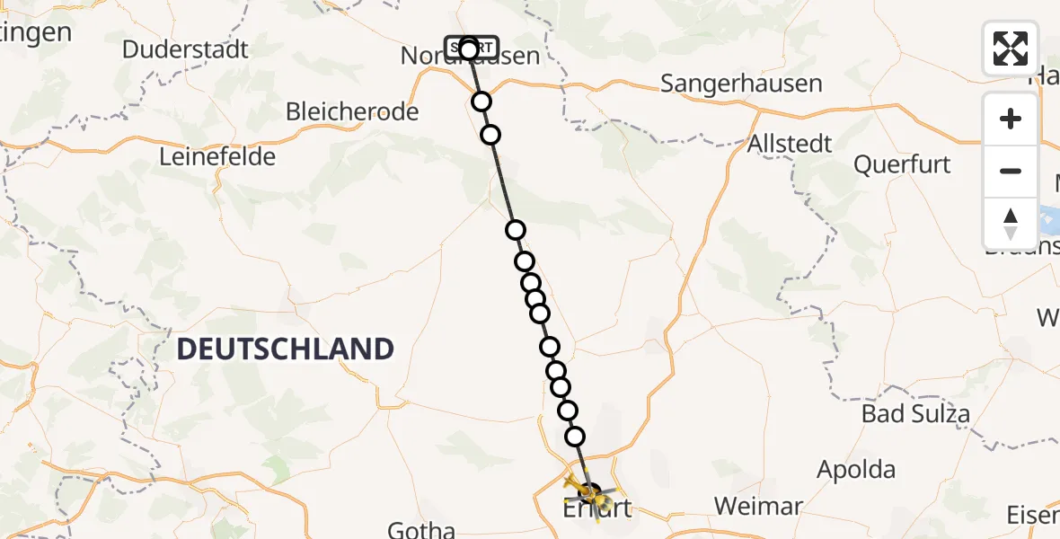 Flugroute Rettungshubschrauber Südharz Hospital Nordhausen - Helios Clinic Erfurt, 24 September 2026, 10:28