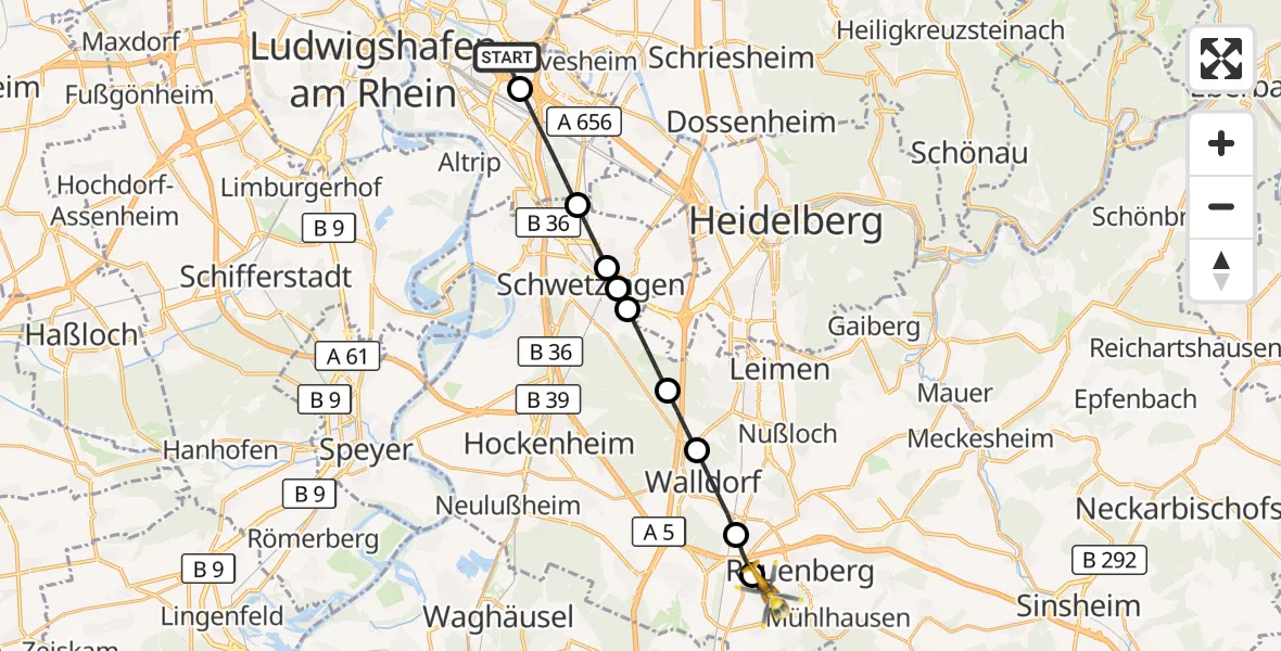 Flugroute Rettungshubschrauber Mannheim-City Flughafen - Rauenberg, 24 September 2026, 10:45