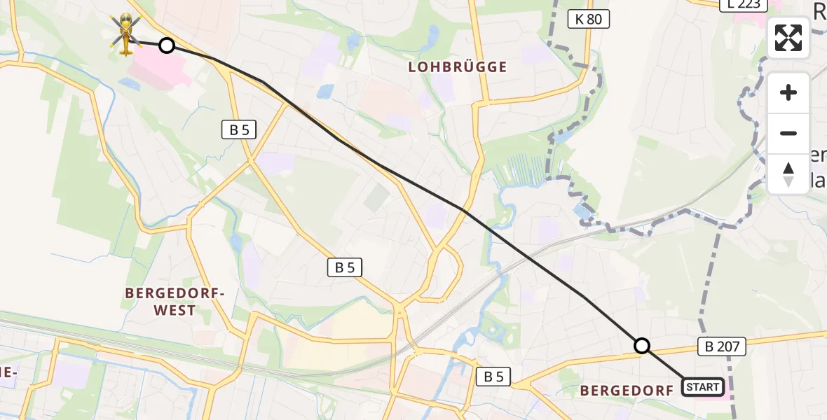 Flugroute Rettungshubschrauber Bethesda Hospital - Christoph Hansa ADAC Hubschrauberlandeplatz, 24 September 2026, 10:51
