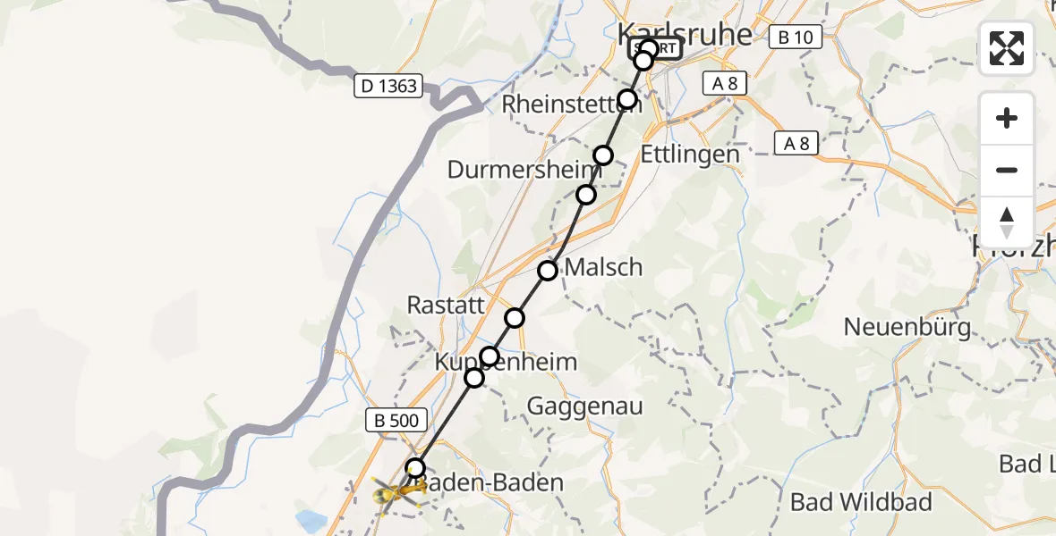 Flugroute Ambulanzhubschrauber Sankt Vincentius Hospital - Sinzheim, 24 September 2026, 10:52