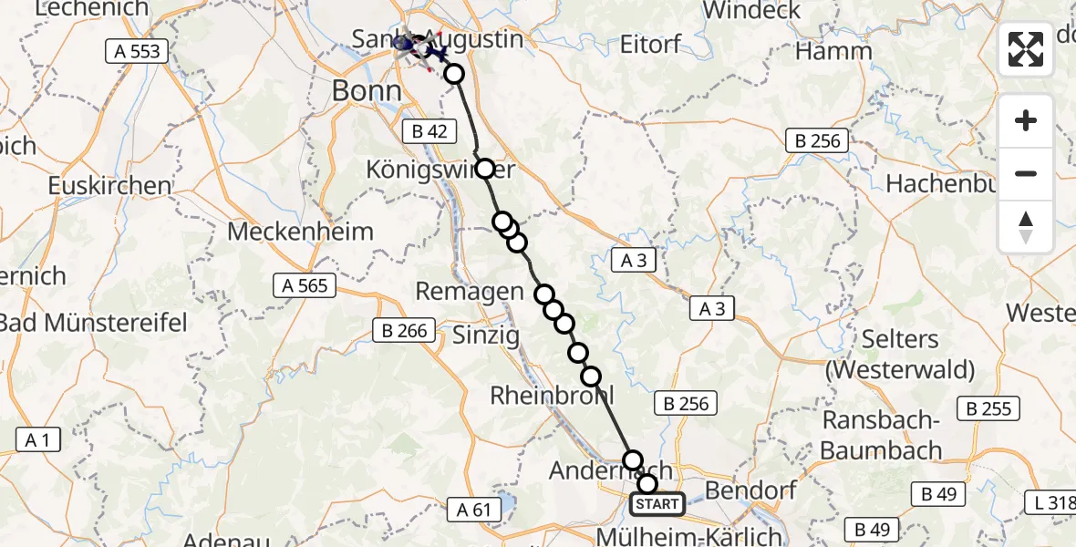 Flugroute Polizeihubschrauber Weißenthurm - Bonn-Hangelar Flugplatz, 24 September 2026, 11:01