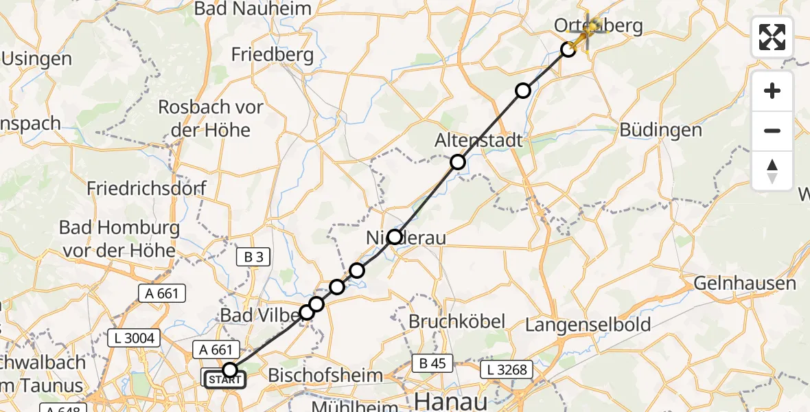 Flugroute Rettungshubschrauber Frankfurt am Main Accident Hospital Roof Helipad (CHX2) - Ortenberg, 24 September 2026, 11:05