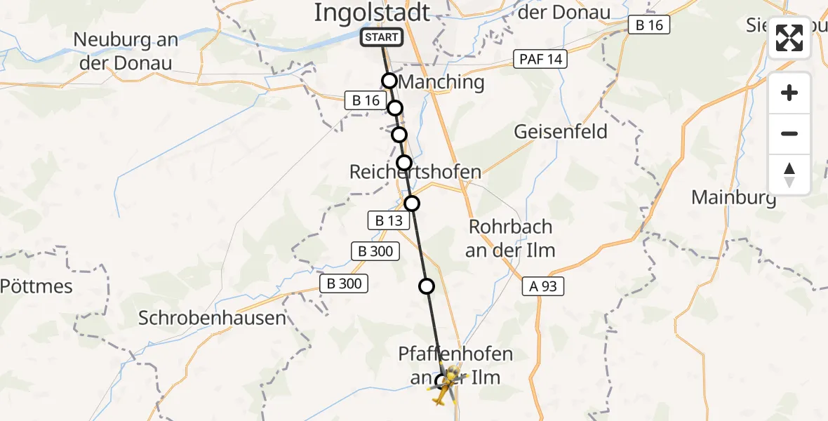 Flugroute Rettungshubschrauber Ingolstadt - Ilmtal Hospital Pfaffenhofen Hubschrauberlandeplatz, 24 September 2026, 11:30