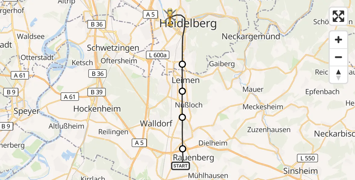 Flugroute Rettungshubschrauber Rauenberg - Heidelberg, 24 September 2026, 11:32