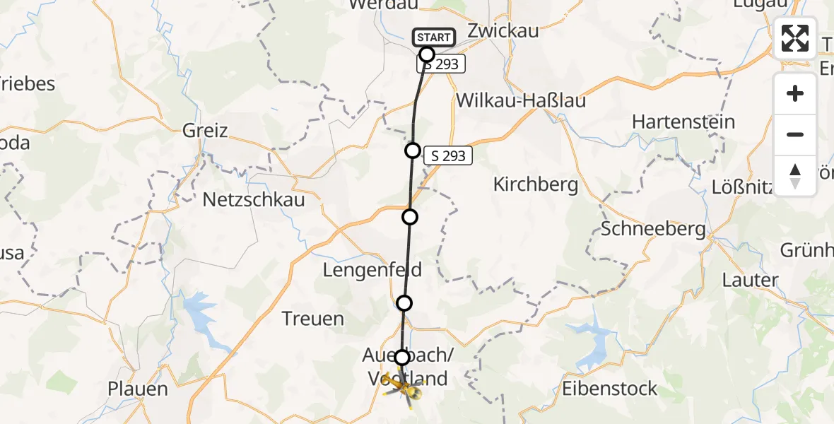 Flugroute Rettungshubschrauber Werdau - Auerbach/Vogtl., 24 September 2026, 11:39