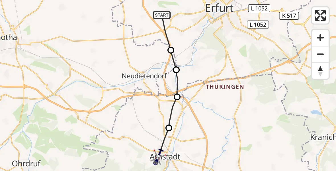 Flugroute Polizeihubschrauber Erfurt - Arnstadt, 24 September 2026, 11:49