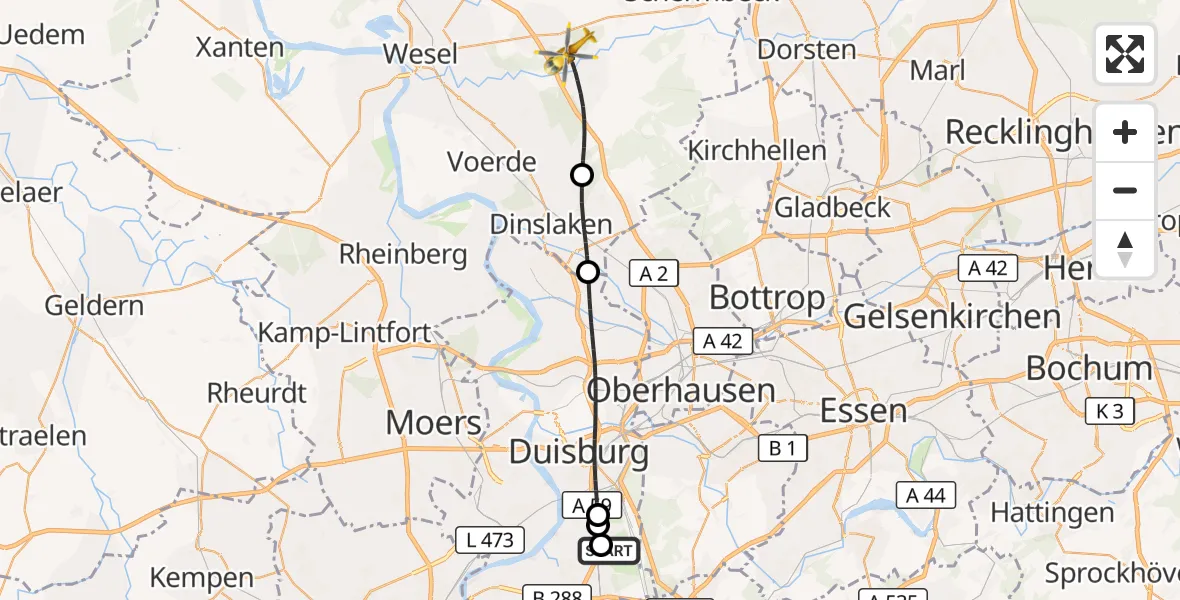 Flugroute Rettungshubschrauber Duisburg Air Rescue Hubschrauberlandeplatz (Christoph 9) - Hünxe, 24 September 2026, 11:51