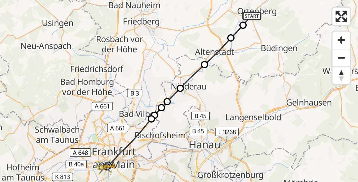 Flugroute Rettungshubschrauber Ortenberg - Frankfurt University Hospital, 24 September 2026, 12:01