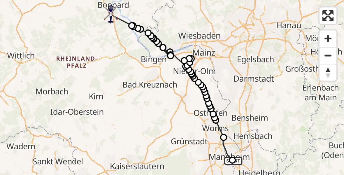 Flugroute Polizeihubschrauber Mannheim-City Flughafen - Kratzenburg, 24 September 2026, 12:05