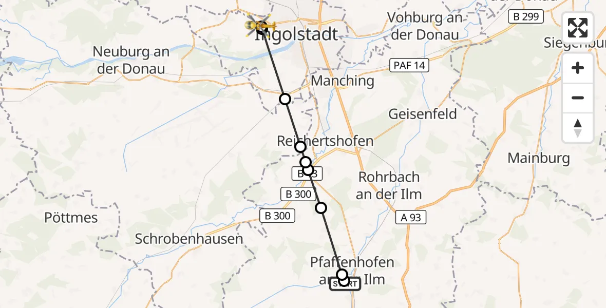 Flugroute Rettungshubschrauber Ilmtal Hospital Pfaffenhofen - Ingolstadt Hospital, 24 September 2026, 12:09
