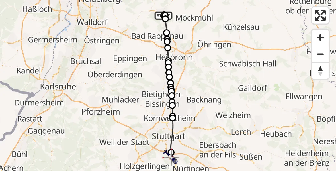 Flugroute Polizeihubschrauber Mosbach - Flughafen Stuttgart, 24 September 2026, 12:10