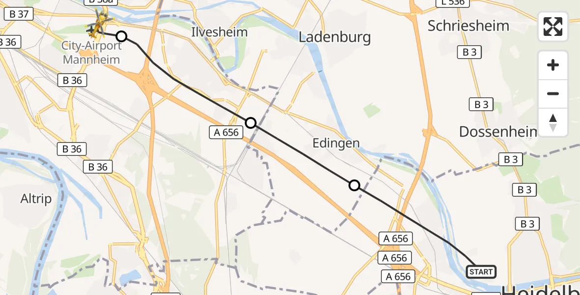 Flugroute Rettungshubschrauber Heidelberg - Mannheim-City Flughafen, 24 September 2026, 12:11
