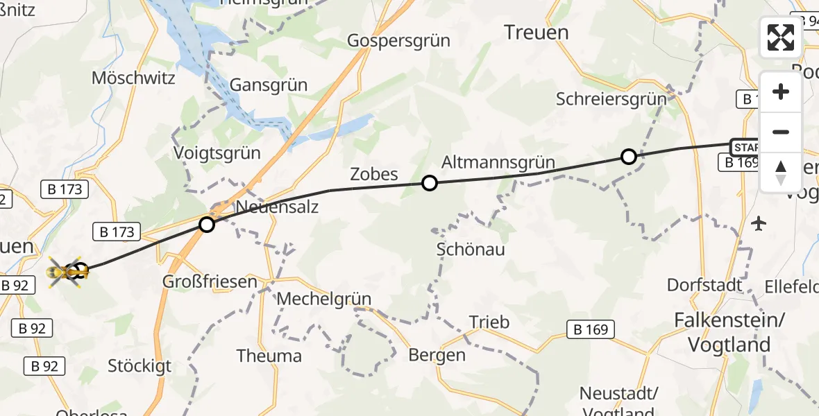 Flugroute Rettungshubschrauber Auerbach/Vogtl. - Helios Clinic Plauen, 24 September 2026, 12:34