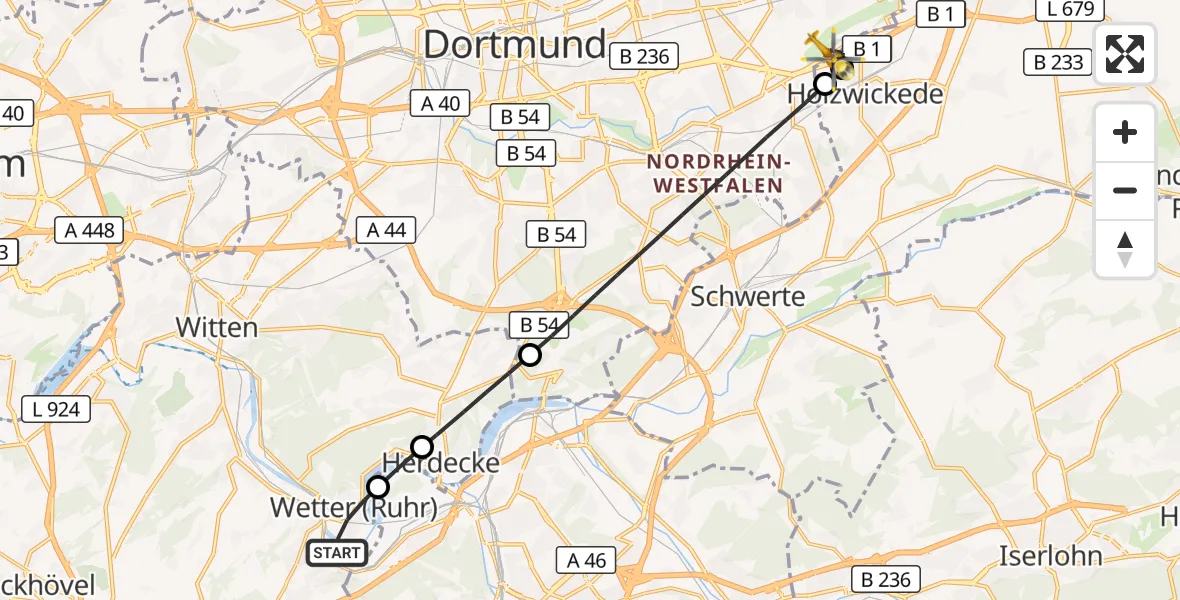 Flugroute Rettungshubschrauber Wetter (Ruhr) - Dortmund Flughafen, 24 September 2026, 12:34