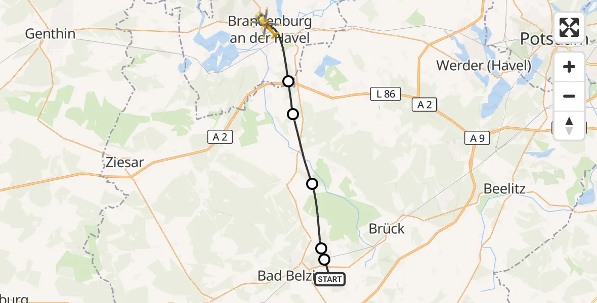 Flugroute Rettungshubschrauber Bad Belzig - Brandenburg an der Havel, 24 September 2026, 12:42