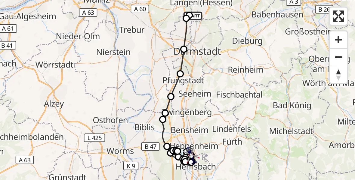 Flugroute Polizeihubschrauber Flughafen Frankfurt-Egelsbach - Heppenheim (Bergstraße), 24 September 2026, 12:52