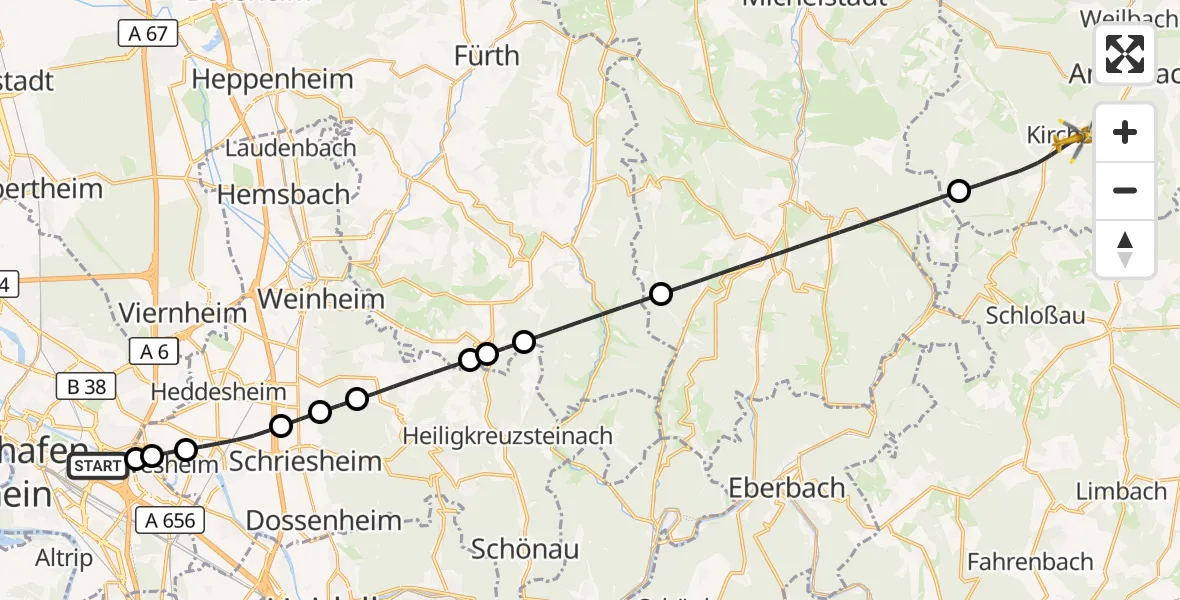 Flugroute Rettungshubschrauber Mannheim-City Flughafen - Kirchzell, 24 September 2026, 12:56