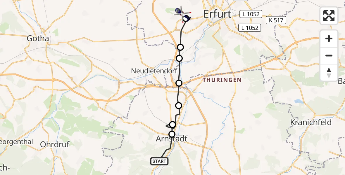 Flugroute Polizeihubschrauber Arnstadt - Erfurt-Weimar Flughafen, 24 September 2026, 13:00