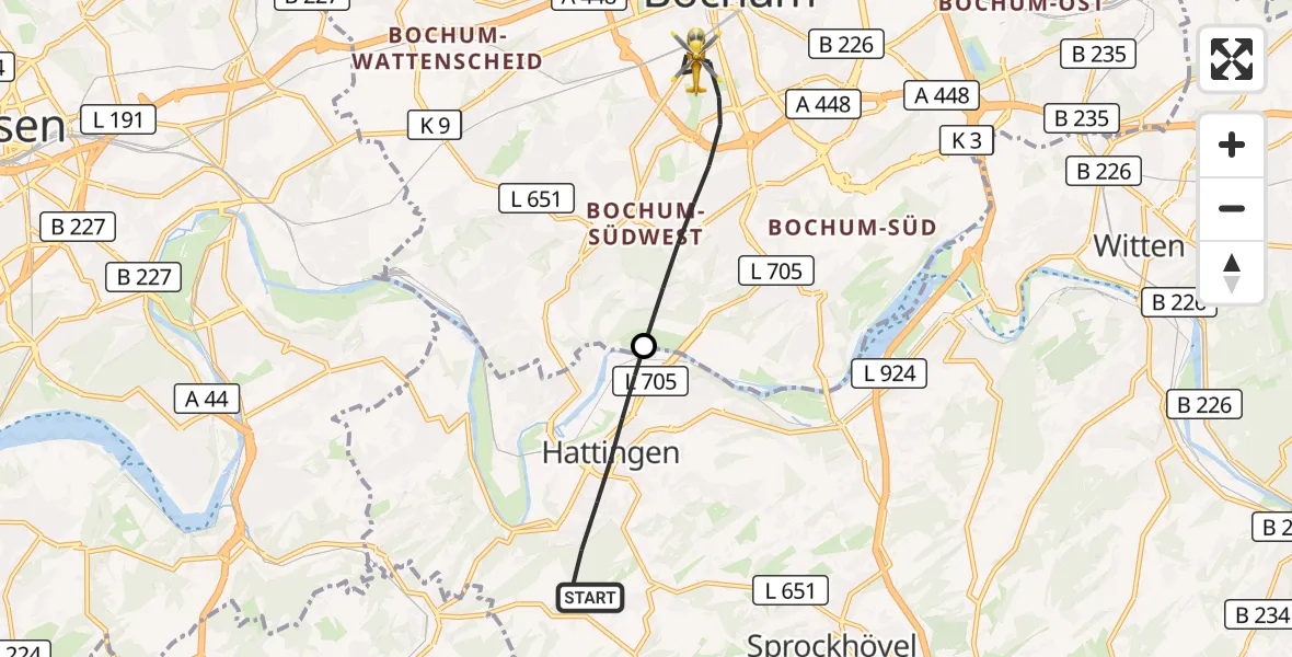 Flugroute Rettungshubschrauber Hattingen - Bochum, 24 September 2026, 13:00