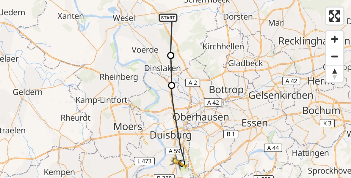 Flugroute Rettungshubschrauber Hünxe - Duisburg Air Rescue Hubschrauberlandeplatz (Christoph 9), 24 September 2026, 13:05