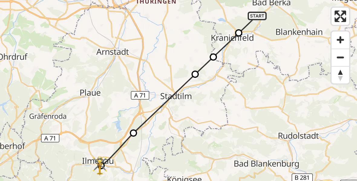 Flugroute Ambulanzhubschrauber Bad Berka - Ilm-Kreis-Kliniken Arnstadt-Ilmenau Hubschrauberlandeplatz, 24 September 2026, 13:14