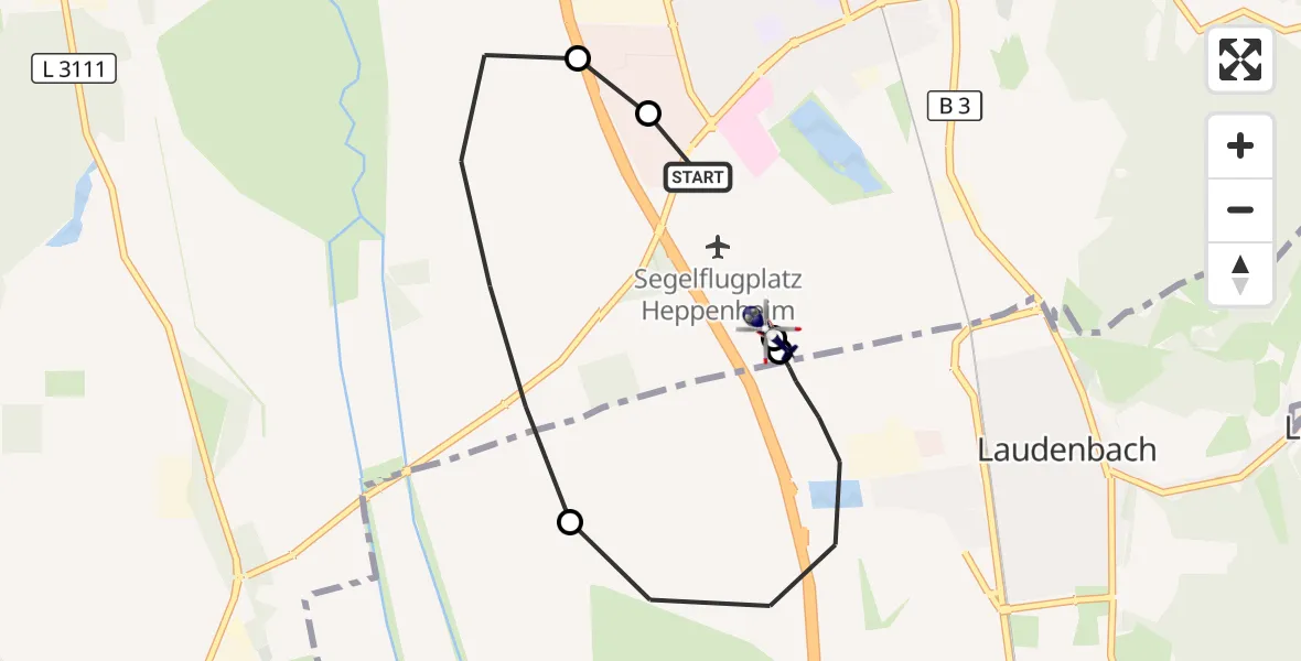 Flugroute Polizeihubschrauber Bergstraße District Hospital - Segelflugplatz Heppenheim, 24 September 2026, 13:19