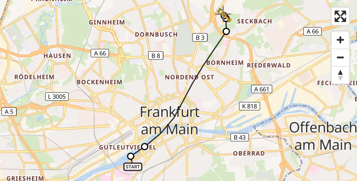 Flugroute Rettungshubschrauber Frankfurt University Hospital - Frankfurt am Main Accident Hospital Roof Helipad (CHX2), 24 September 2026, 13:27
