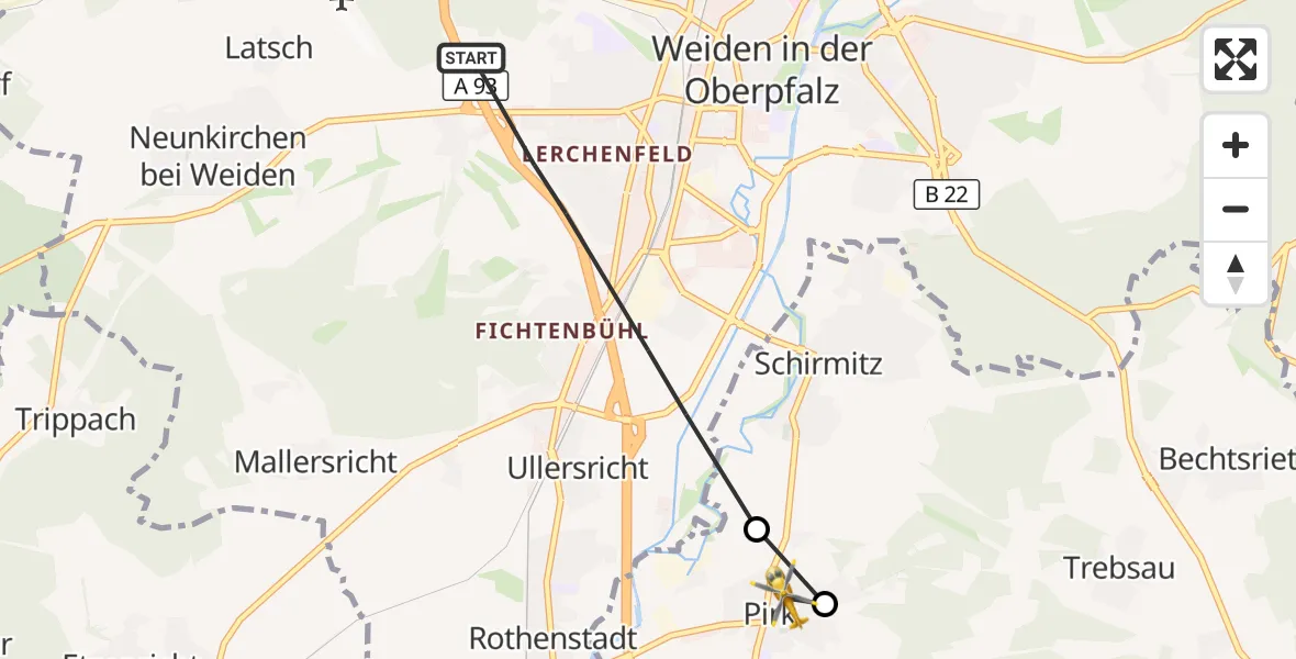 Flugroute Ambulanzhubschrauber Weiden i.d.OPf. - Pirk, 24 September 2026, 13:34